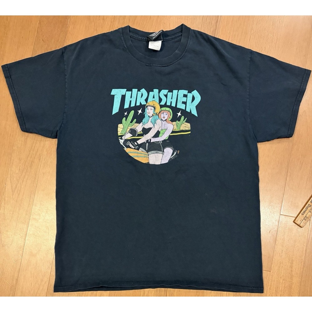 Vintage Thrasher T Shirt L Black Graphic Pinup Biker Girls Desert Western Y2K